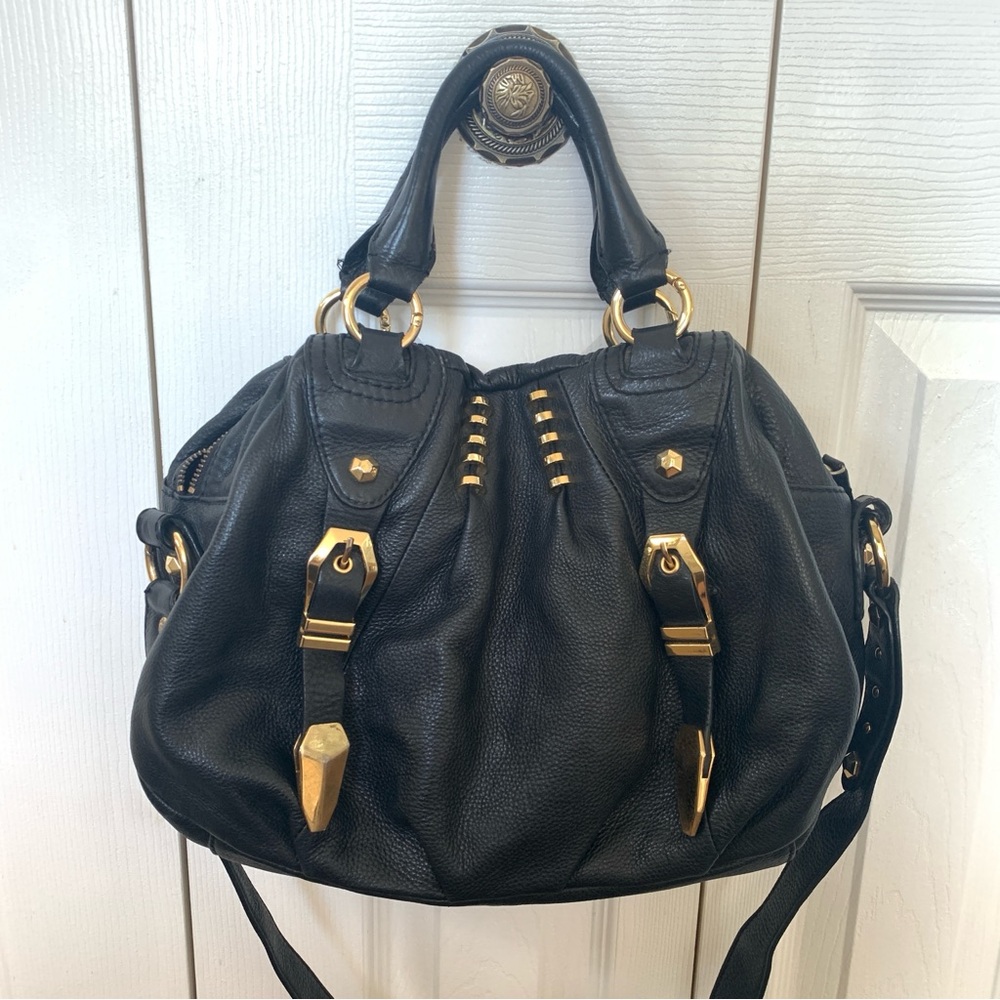 OrYANY Genuine Pebbled Leather Satchel Handbag with Gold Accents